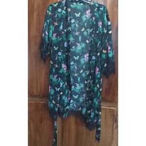 INC Womens Botanical Butterfly Floral Lace Trim Floral Wrap Robe Sleepwear Sz L
